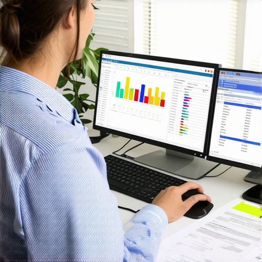 Modern CPA System with Compliance Tools Accountant analyzing financial data on a computer with compliance software