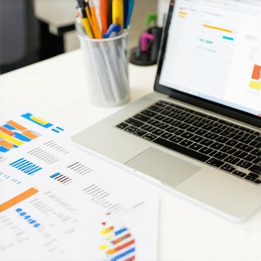 Modern Financial Management Tools for Startups Laptop with accounting software, printed spreadsheets, and a calculator on a tidy desk