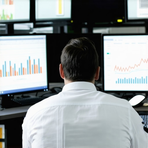 Accountant using multi-screen setup with financial software tools for system upkeep.