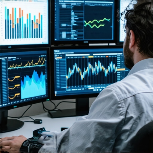 Accountant analyzing real-time financial dashboards on multiple screens to maintain compliance and efficiency.