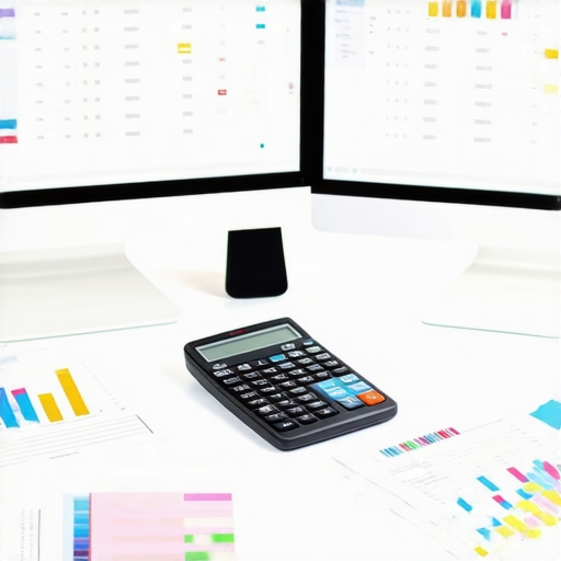 Organized Financial Workspace with Software Tools A workspace with dual monitors showing financial data dashboards, surrounded by notebooks and calculator for efficient bookkeeping.