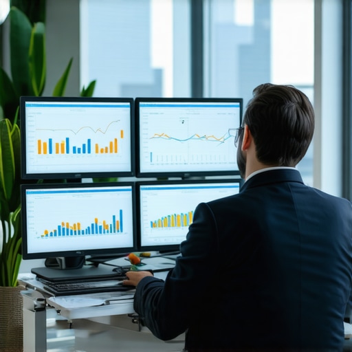 Advanced Financial Management Tools in Action Accountant analyzing digital financial dashboards to ensure payroll and tax compliance