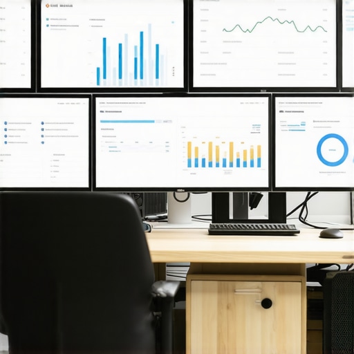 Multiple monitors displaying real-time financial dashboards in a professional office setting.
