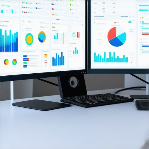 Advanced Financial Tools Workspace A workspace with dual monitors displaying financial dashboards and accounting software.