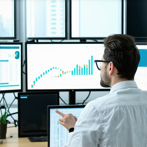 Accountant analyzing financial data on computers indicating automation and software integration.