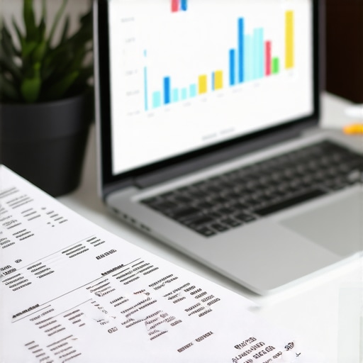 Laptop with accounting software open, surrounded by receipts and financial documents.