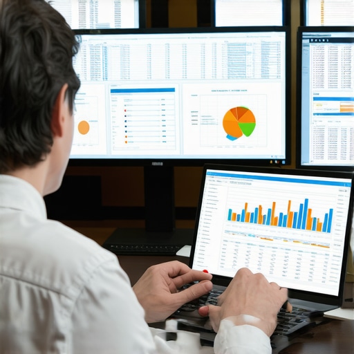 Accountant analyzing digital financial data on multiple screens