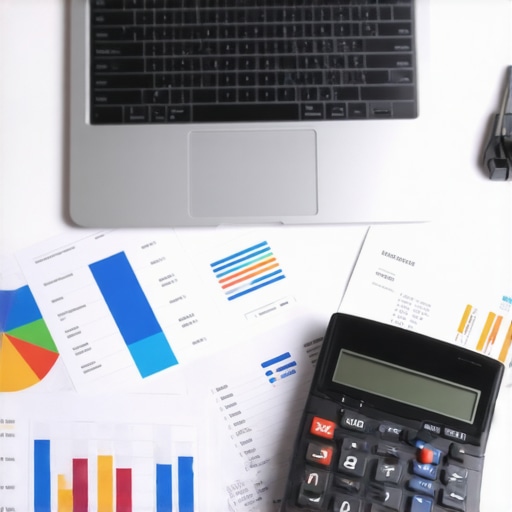 A professional workspace with accounting software, documents, and a calculator, illustrating digital financial management.
