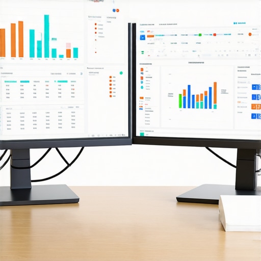 Efficient CPA Workspace Setup A professional workspace with financial dashboards on dual monitors, symbolizing streamlined CPA operations.