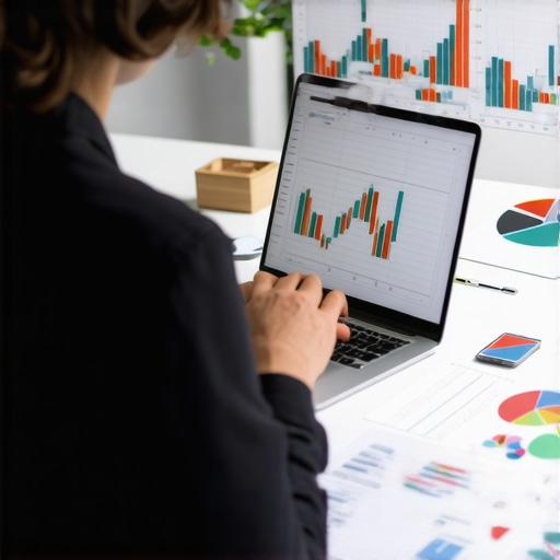 Efficient Financial Management Workspace Person managing finances with digital tools and financial dashboards