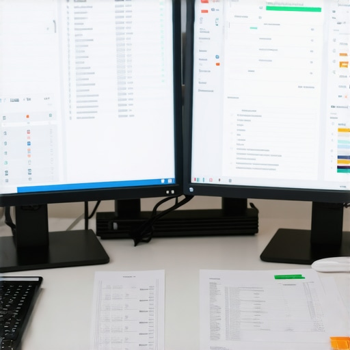 A clean, organized accountant's desk with screens showing accounting and audit software.