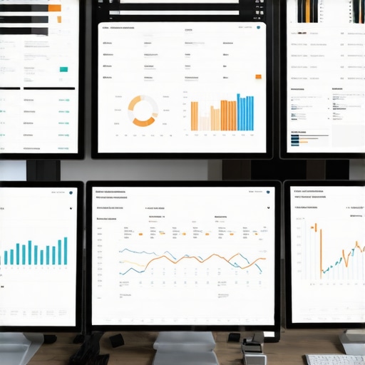 Efficient Financial Workspace A professional accountant's desk with multiple monitors showing financial data and audit reports.