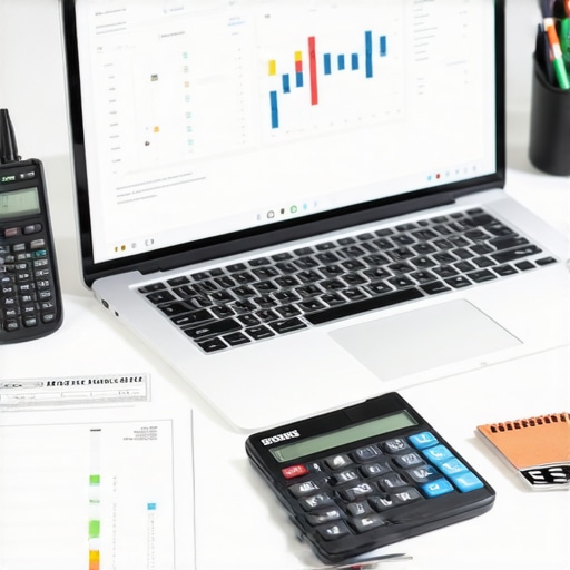 A workspace with a laptop showing accounting dashboards, documents, and a calculator indicating active financial management.