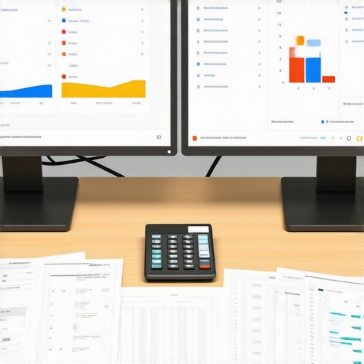 A clean and organized workspace with accounting tools and digital screens showing financial data.