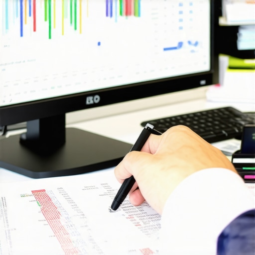 Financial professional analyzing ledger data on multiple screens to ensure synchronization and accuracy