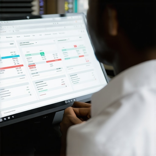 Expert Financial Review with Advanced Tools Business owner and CPA discussing financial reports using software tools in an office