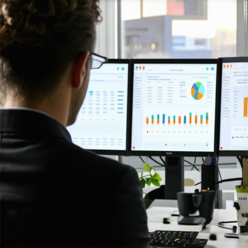 Financial Management Technology in Action Business owner analyzing financial dashboards on computer monitors