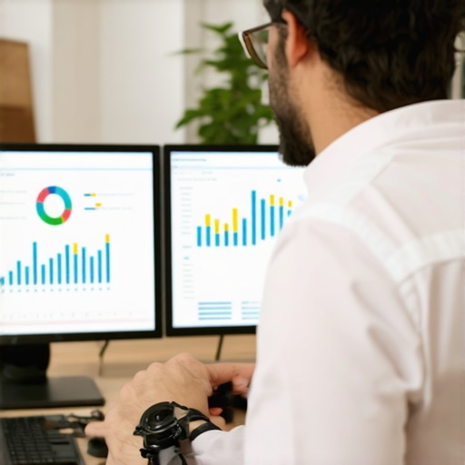 Business professional analyzing financial data on dual monitors using accounting software
