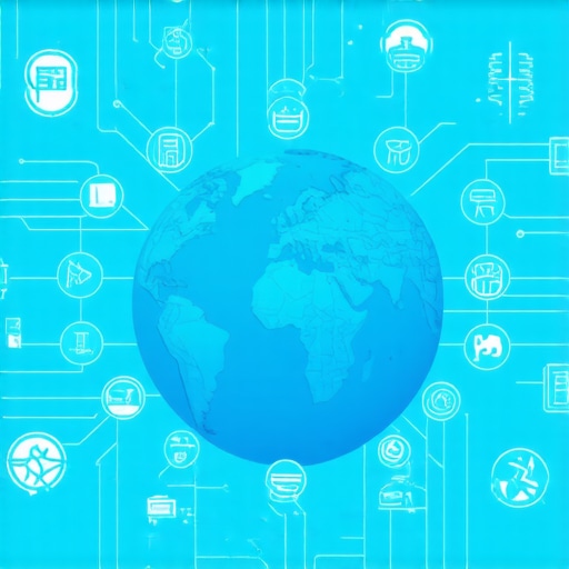Illustration of interconnected icons around a globe symbolizing international contractor management