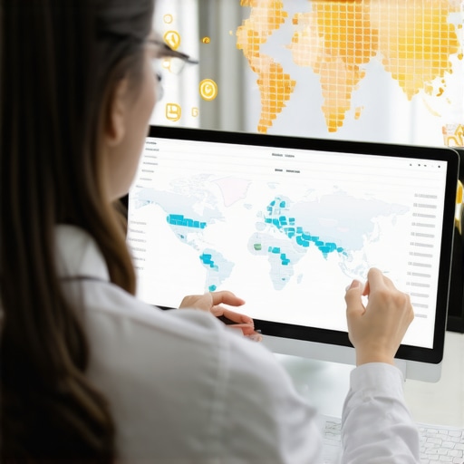 Business owner analyzing international payroll data on a computer with currency symbols.