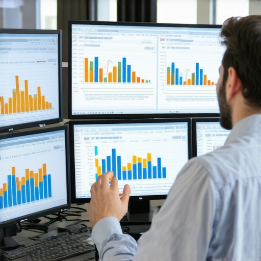 Maintaining Payroll Systems with Technology Accountant using multiple monitors to manage payroll and audit data