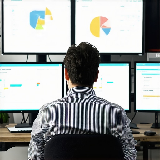 Business owner reviewing sales data on dual monitors for compliance