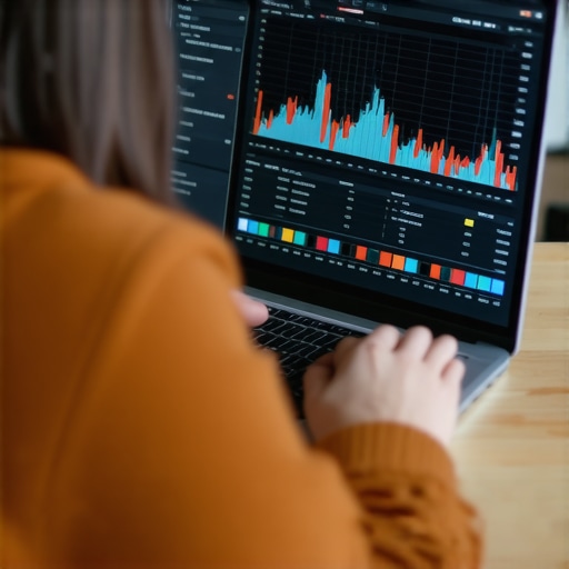 Person analyzing financial data on a laptop with digital dashboards.