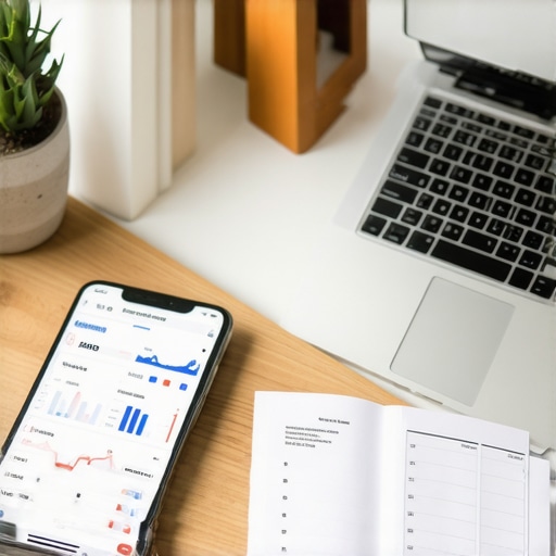 Modern Payroll Management Workspace Laptop and smartphone displaying payroll and financial tools on a desk for efficient payroll management.