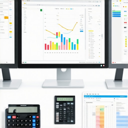A workspace showing accounting software on screens with financial documents