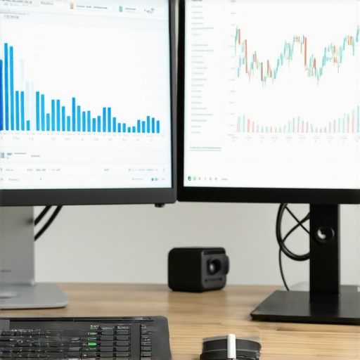 A workspace with digital financial analysis tools open on two screens, representing smooth financial system maintenance.