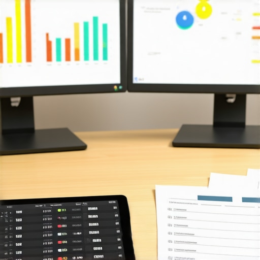Optimized Financial Workspace for Accurate Data Entry Modern office setup with screens displaying financial dashboards and organized documents.