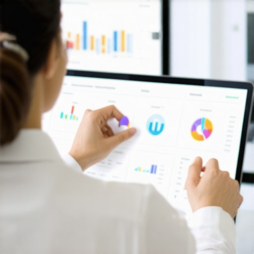 Accountant analyzing payroll records on digital screens to ensure compliance.