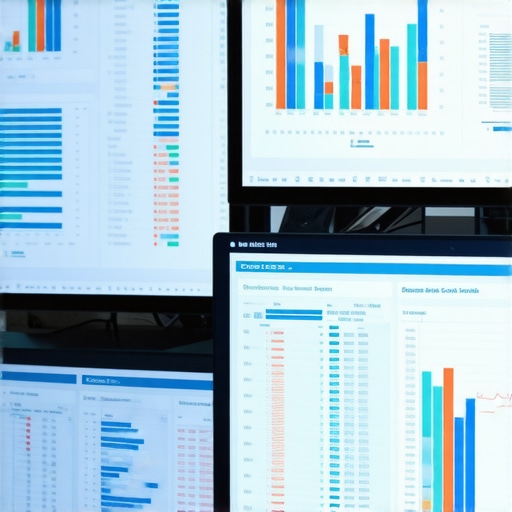 Financial professional reconciling accounts on multiple screens.