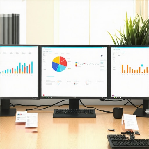 Routine Financial Maintenance Workspace A professional workspace with monitors showing accounting dashboards and receipts, illustrating regular system reviews.