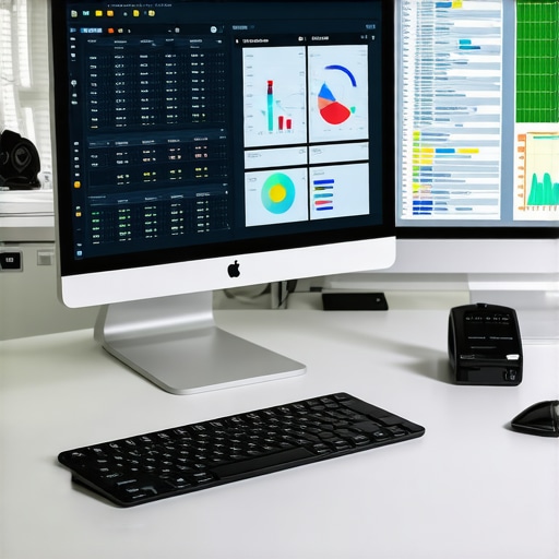 Multiple screens showcasing accounting and payroll software in a workspace.