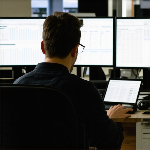 Accountant managing financial data on multiple screens, symbolizing efficient financial tools