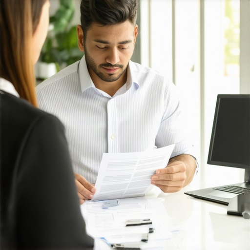 Tax professional analyzing receipts and expense reports with a business owner in a home office.
