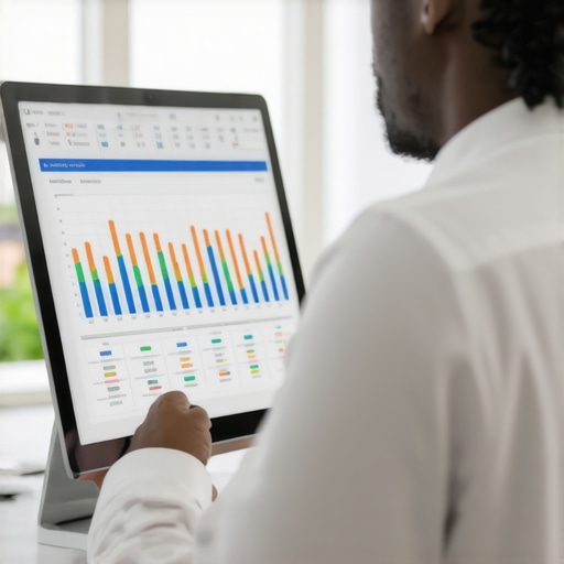 A business owner analyzing financial data on a computer, with reports and checklists nearby