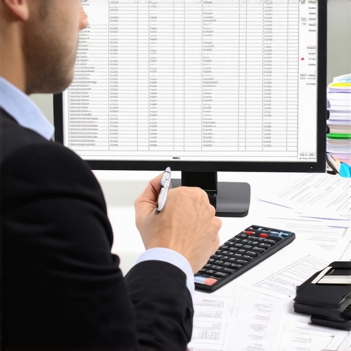 Accountant analyzing depreciation schedule on computer screen