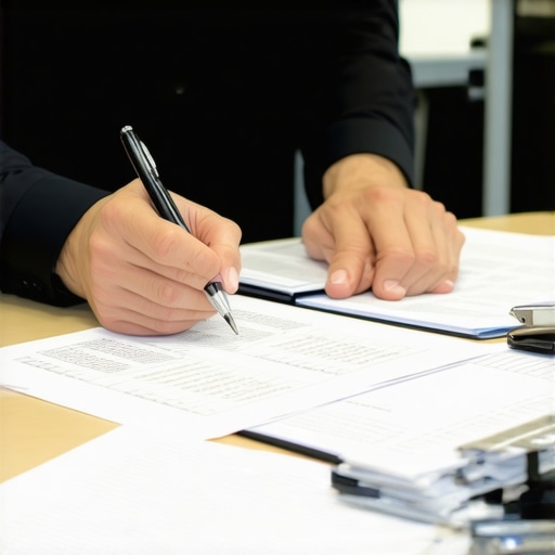 Accountant analyzing documents and digital backups of receipts during audit preparation.