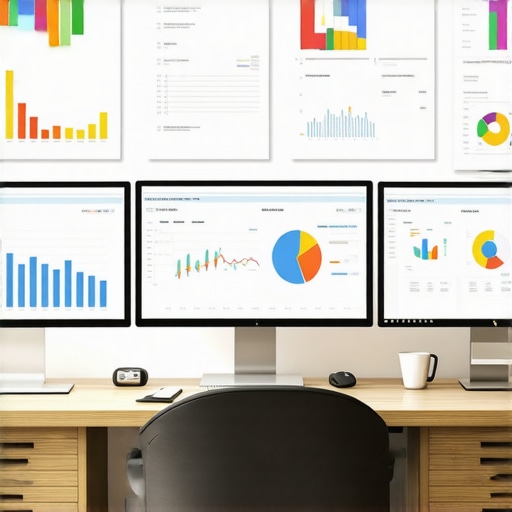 A workspace with computers showing financial data and compliance dashboards.