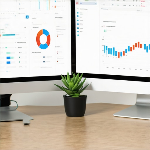 Modern workspace with dual monitors showing financial data and automation tools