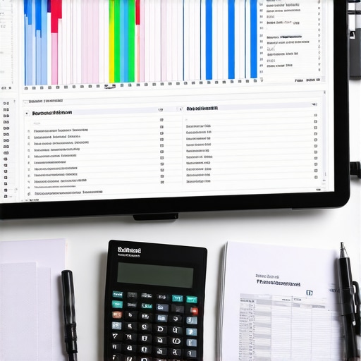 Accountant comparing bank statement with reconciliation software on a computer screen.