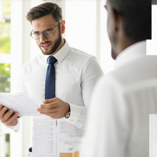 Business owner and CPA discussing financial documents over quarterly tax planning.