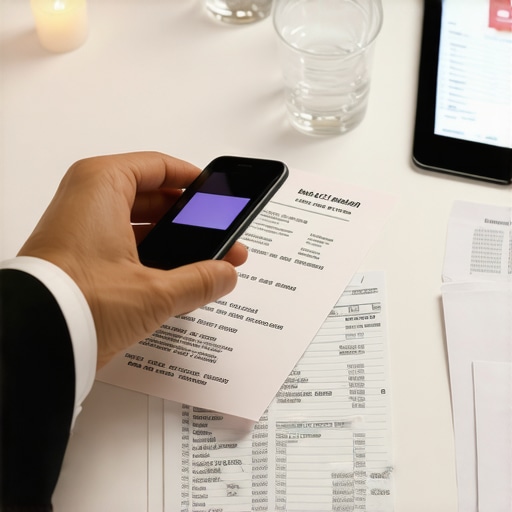 Businessman scanning restaurant receipt with tablet and organized notes