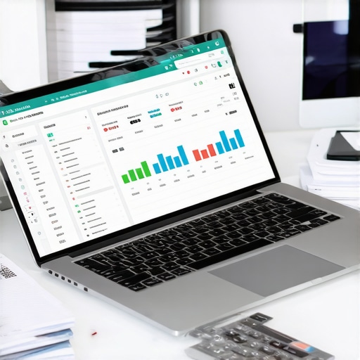A workspace with financial software on a laptop, calculator, and organized paperwork showing efficient tax tools.