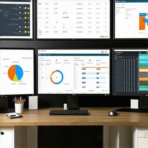 Screens showing payroll, tax, and financial dashboards on a computer workspace