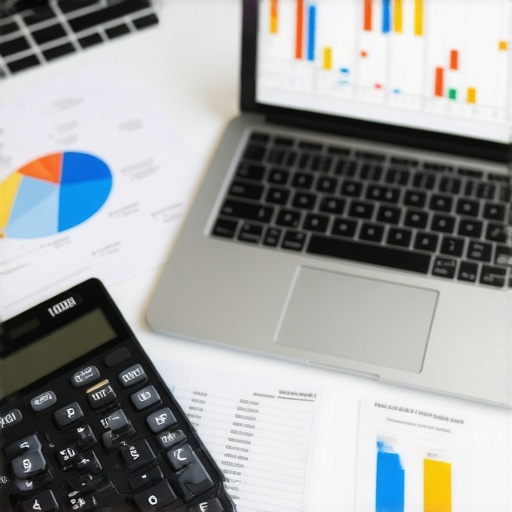Effective Financial Planning Workspace Workspace with financial charts, calculator, and laptop demonstrating quarterly tax preparation.