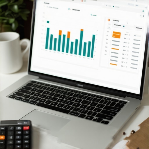A workspace with accounting software on a laptop, financial reports, and tools for financial management.