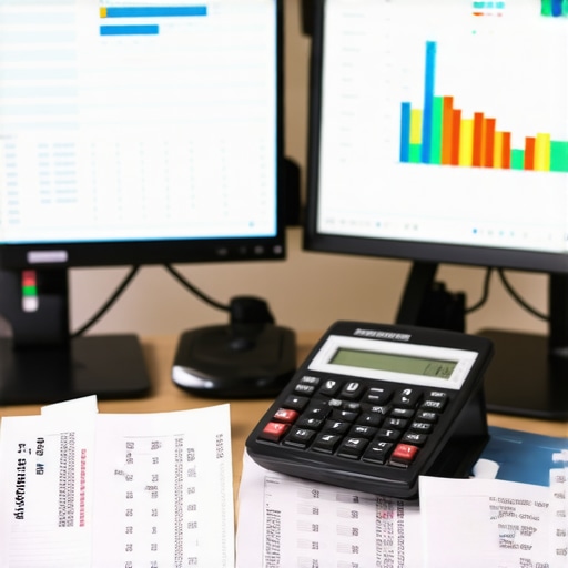 Efficient Bookkeeping Workspace A tidy office with dual monitors showing accounting dashboards and digital receipts, symbolizing streamlined financial management.